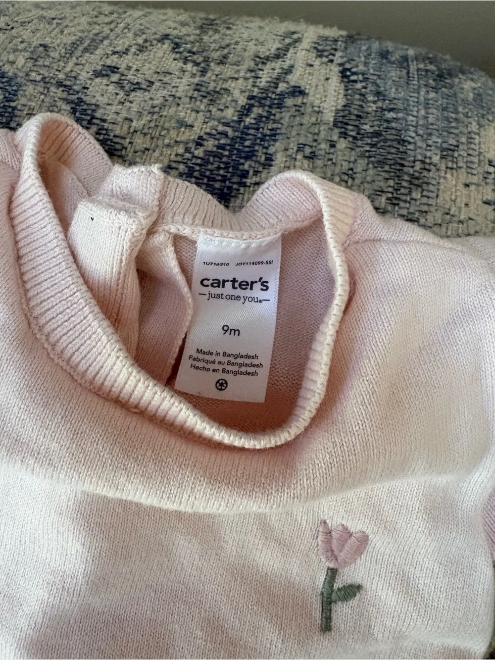 Carter's Light Pink Turtleneck Sweater with Embroidered Tulip